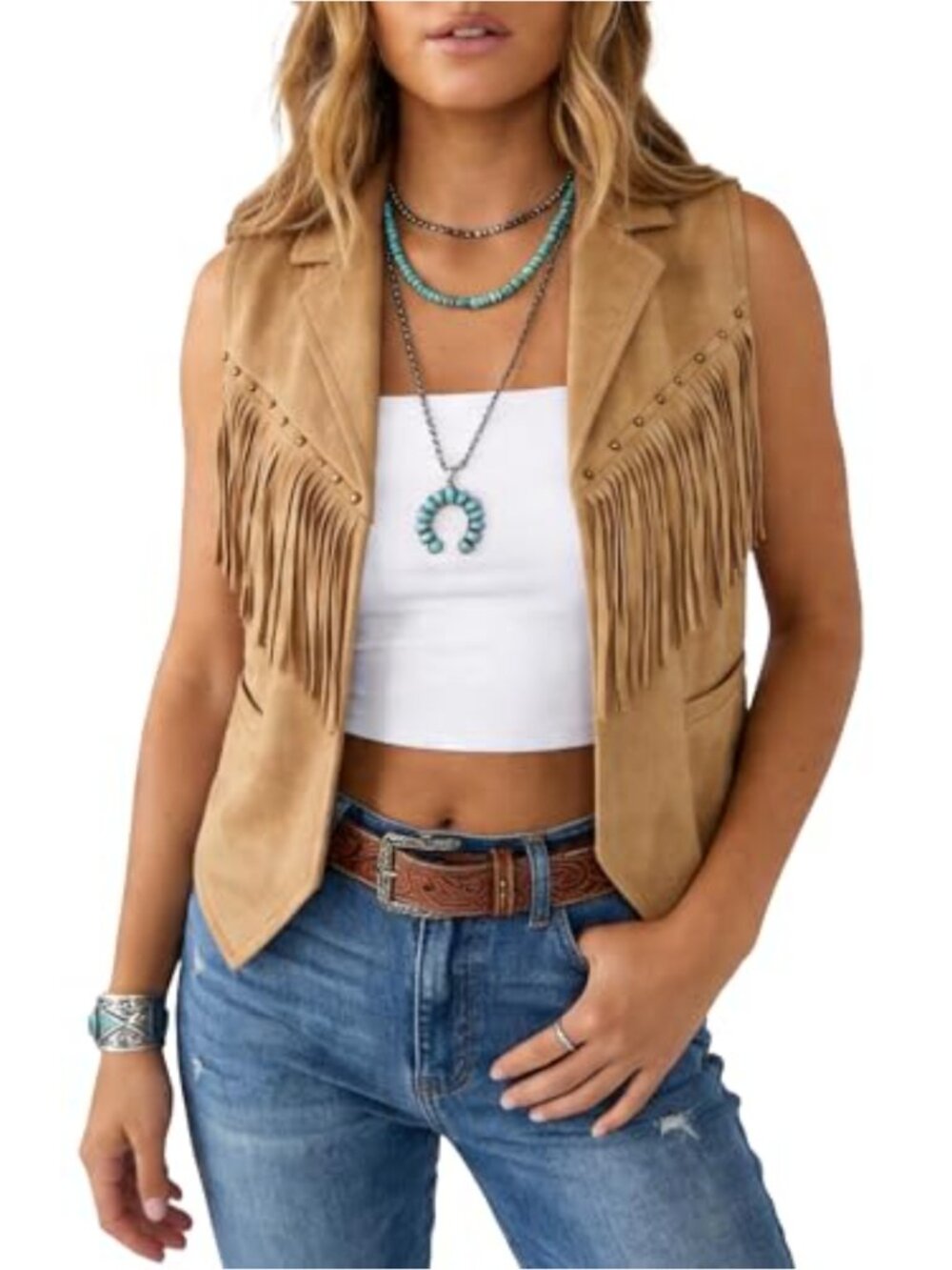 Faux Suede Fringe Tassel Vest Sleeveless Crop Waistcoat Open Front Cowgirl